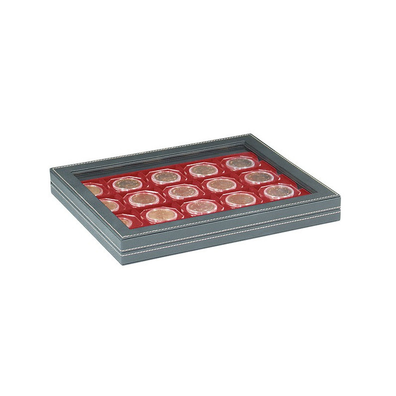 Coffret numismatique NERA M PLUS avec plateau rouge foncé pour étuis numismatiques 50x50 mm/capsules CARRÉE/capsules OCTO