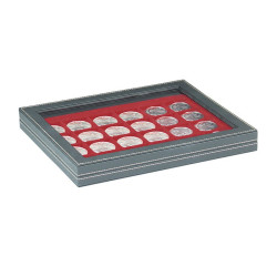 Coffret numismatique NERA M PLUS avec plateau rouge foncé à  24 alvéoles carrés pour monnaies/capsules jusqu'à  Ø 42 mm