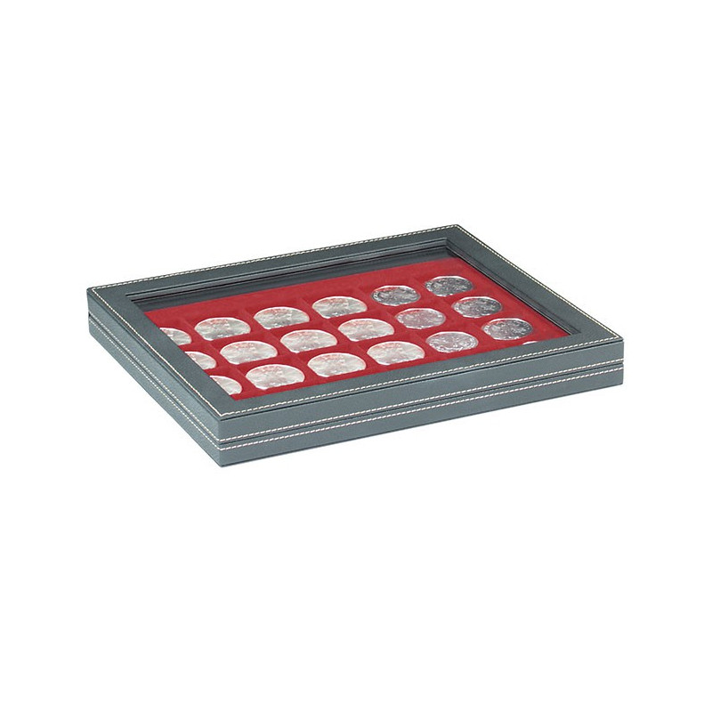 Coffret numismatique NERA M PLUS avec plateau rouge foncé à  24 alvéoles carrés pour monnaies/capsules jusqu'à  Ø 42 mm
