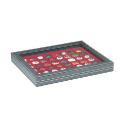 Coffret numismatique NERA M PLUS avec plateau rouge foncé à  48 alvéoles carrés pour monnaies/capsules jusqu'à   Ø 30 mm
