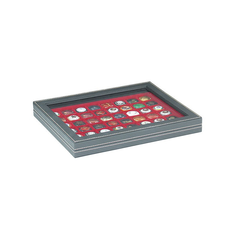 Coffret numismatique NERA M PLUS avec plateau rouge foncé à  48 alvéoles carrés pour monnaies/capsules jusqu'à   Ø 30 mm