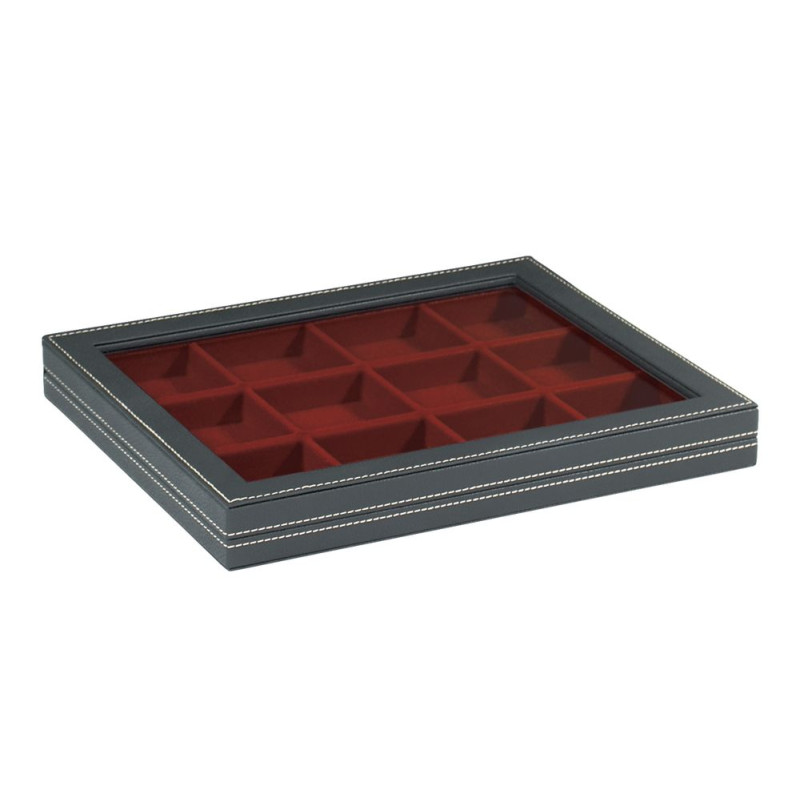Coffret de collection NERA M avec fenàªtre transparente et plateau rouge foncé à  12 compartiments carrés