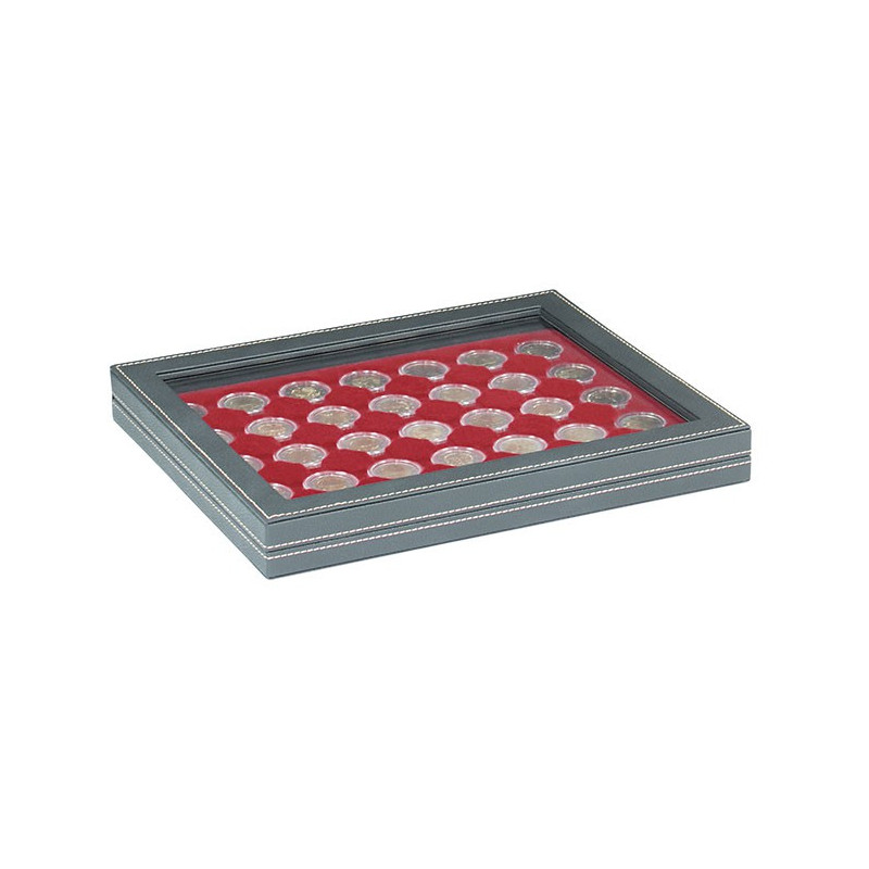 Coffret numismatique NERA M PLUS avec plateau rouge foncé à  35 alvéoles ronds pour capsules Ø ext. 32 mm, par ex. pour monna