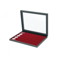 Coffret numismatique NERA M PLUS avec plateau rouge foncé à  35 alvéoles ronds pour capsules de Ø ext. 34 mm, par ex. pour mo