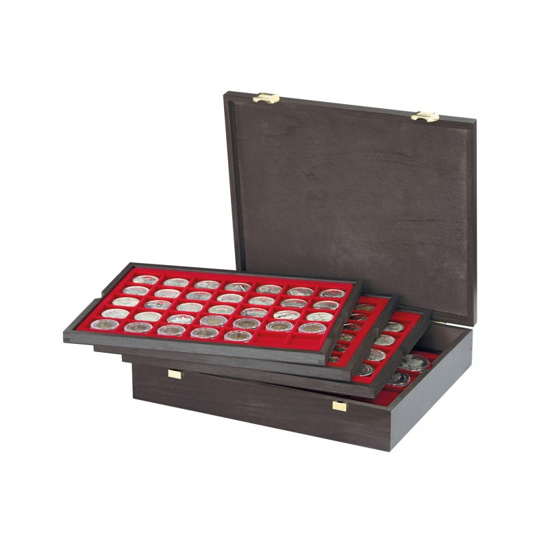 Coffret en bois massif CARUS avec 4 plateaux pour 127 monnaies de divers diamètres