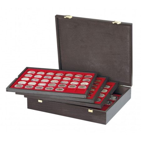 Coffret en bois massif CARUS avec 4 plateaux pour 127 monnaies de divers diamètres