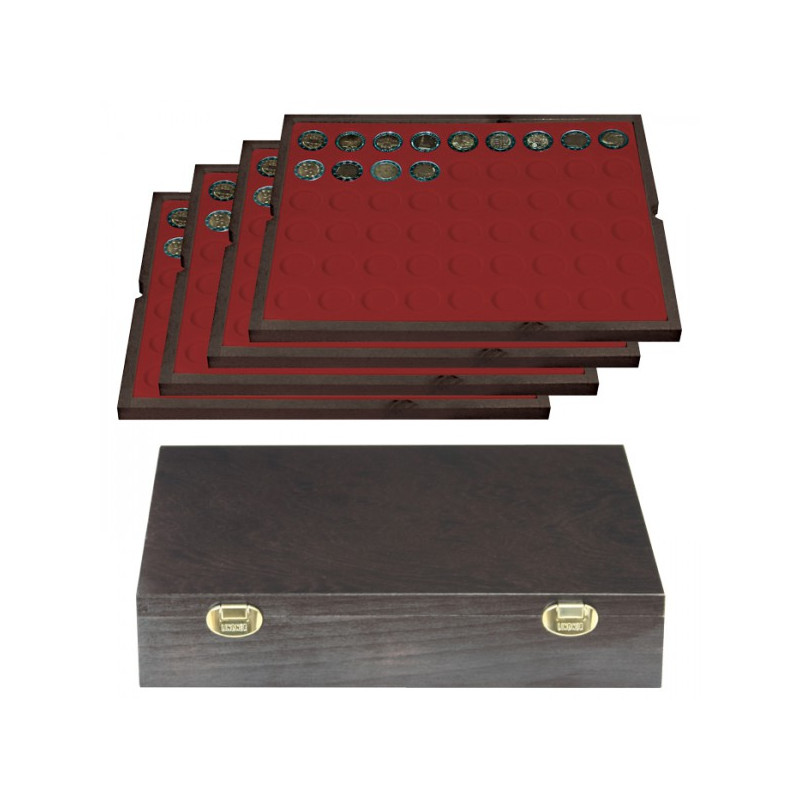 Coffret en bois massif CARUS avec 4 plateaux pour 216 monnaies de Ø 25,75 mm, par ex. pour monnaies 2 Euro