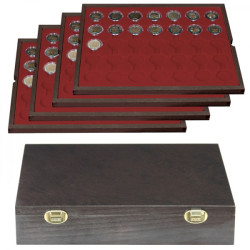 Coffret en bois massif CARUS avec 4 plateaux pour 140 capsules de Ø ext. 32 mm, par ex. pour monnaies 2 Euro sous capsules LI