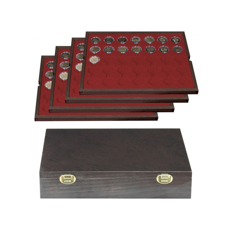 Coffret en bois massif CARUS avec 4 plateaux pour 140 capsules de Ø ext. 32 mm, par ex. pour monnaies 2 Euro sous capsules LI
