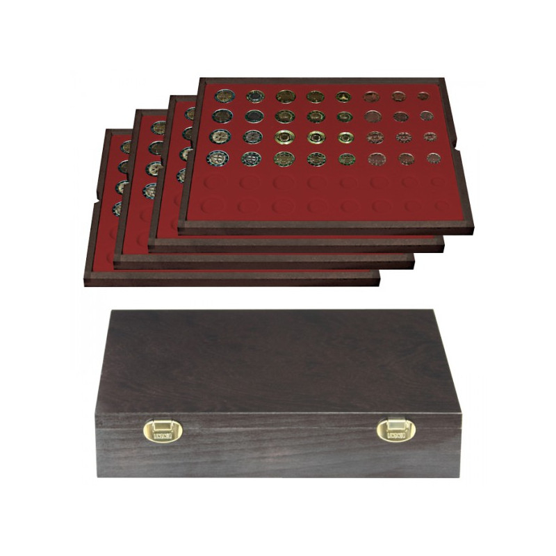 Coffret en bois massif CARUS avec 4 plateaux pour 24 séries Euro-courantes