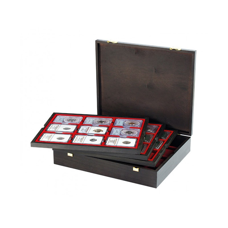 Coffret en bois massif CARUS avec 4 plateaux pour 36 capsules-US (Slabs) jusqu'au Format 63x85 mm