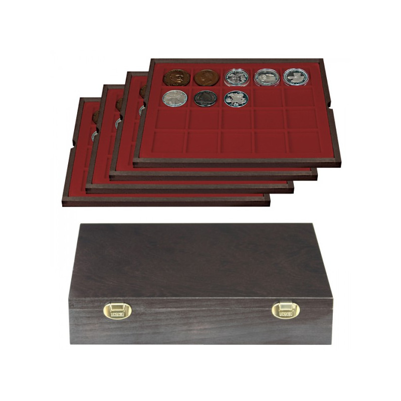 Coffret en bois massif CARUS avec 4 plateaux pour 80 monnaies/capsules jusqu'à  Ø 47 mm