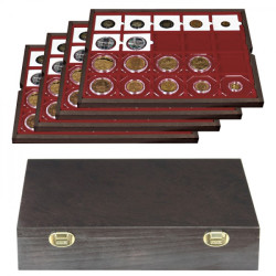 Coffret en bois massif CARUS avec 4 plateaux pour 80 étuis numismatiques 50x50 mm/capsules CARRÉE/capsules OCTO