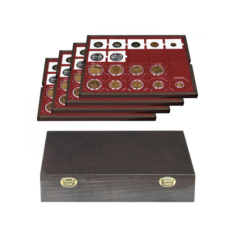 Coffret en bois massif CARUS avec 4 plateaux pour 80 étuis numismatiques 50x50 mm/capsules CARRÉE/capsules OCTO
