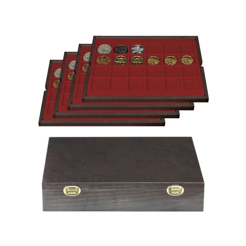 Coffret en bois massif CARUS avec 4 plateaux pour 96 monnaies/capsules jusqu'à  Ø 42 mm