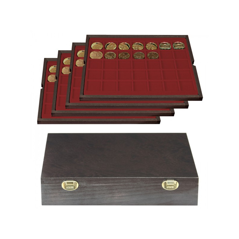 Coffret en bois massif CARUS avec 4 plateaux pour 140 monnaies/capsules jusqu'à  Ø 36 mm