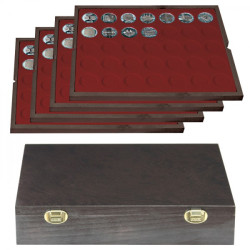 Coffret en bois massif CARUS avec 4 plateaux pour 140 monnaies de Ø 32,5 mm, par ex. pour 20 Euro-/10 Euro-Allemagne en Argen