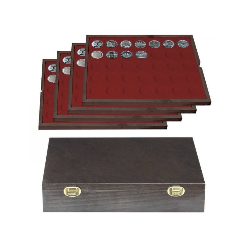 Coffret en bois massif CARUS avec 4 plateaux pour 140 monnaies de Ø 32,5 mm, par ex. pour 20 Euro-/10 Euro-Allemagne en Argen
