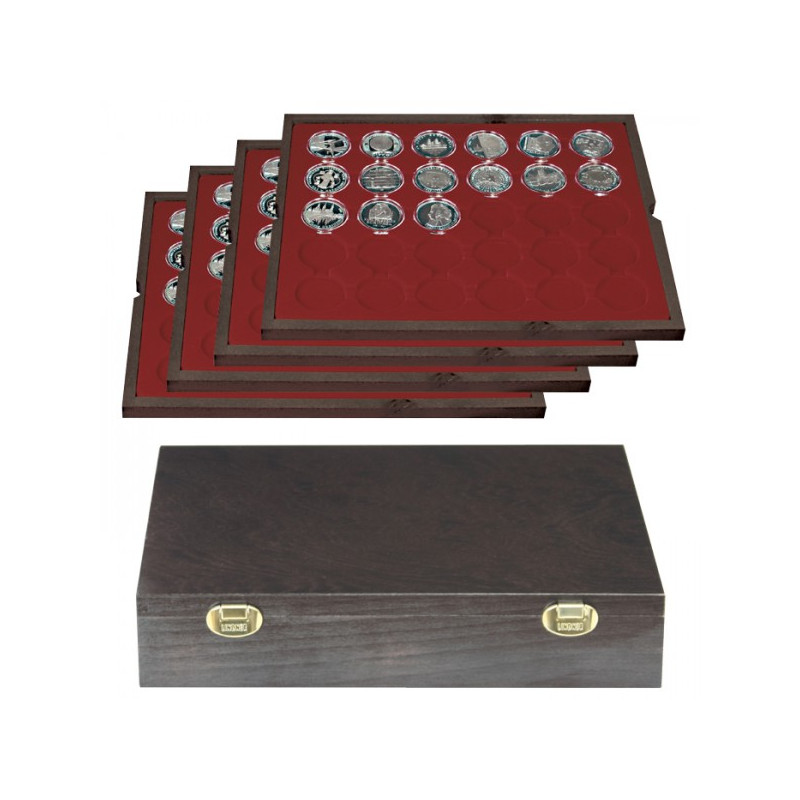 Coffret en bois massif CARUS avec 4 plateaux pour 120 capsules de Ø ext. 39 mm, par ex. pour 20 Euro-/10 Euro argent Allemagn