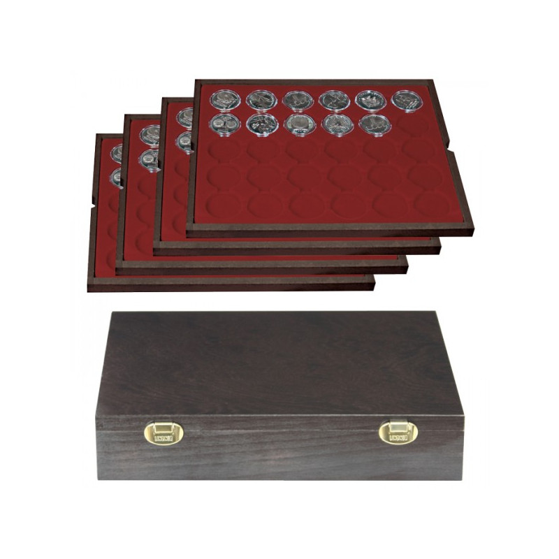 Coffret en bois massif CARUS avec 4 plateaux pour 120 capsules de Ø ext. 37 mm, par ex. pour 20 Euro-/10 Euro argent Allemagn