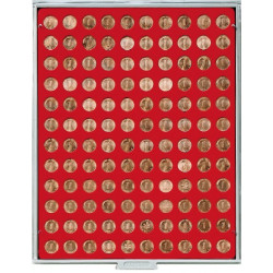 Plateau velours rouge vif à  120 alvéoles ronds pour monnaies Ø 16,5 mm