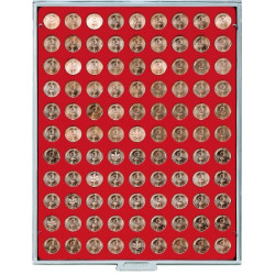 Plateau velours rouge vif à  99 alvéoles ronds pour monnaies Ø 19,25 mm
