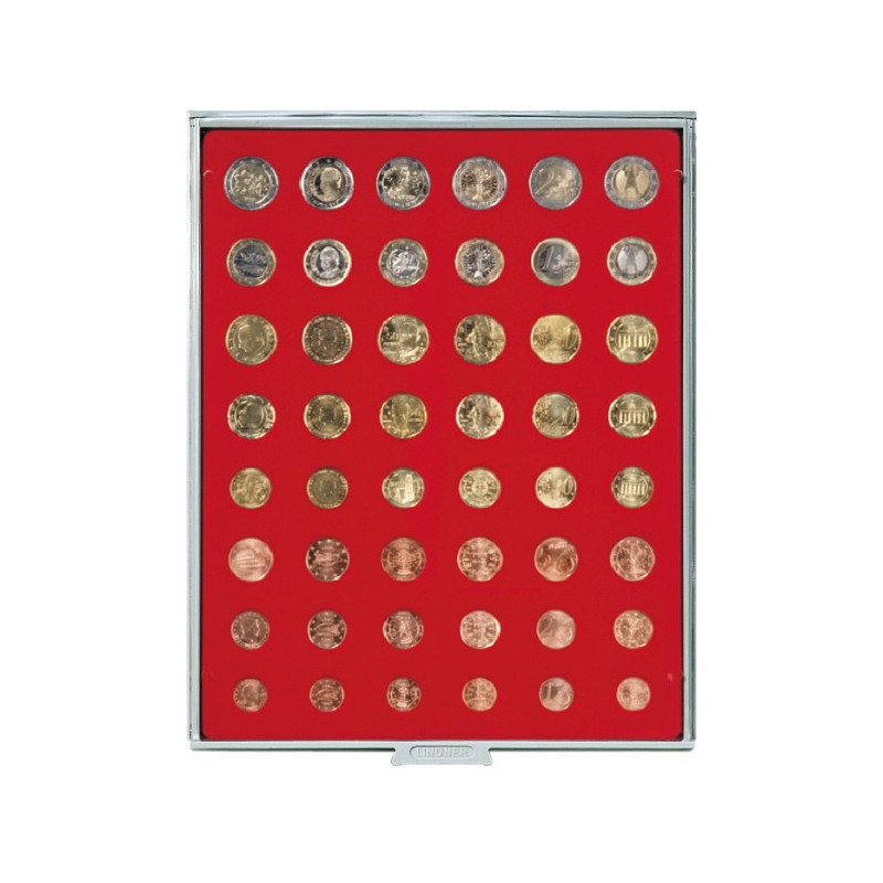 Plateau velours rouge vif pour 6 séries de 8 pièces Euro courantes