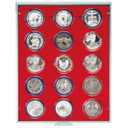 Plateau velours rouge vif à  15 alvéoles ronds pour capsules Ø ext. 51 mm