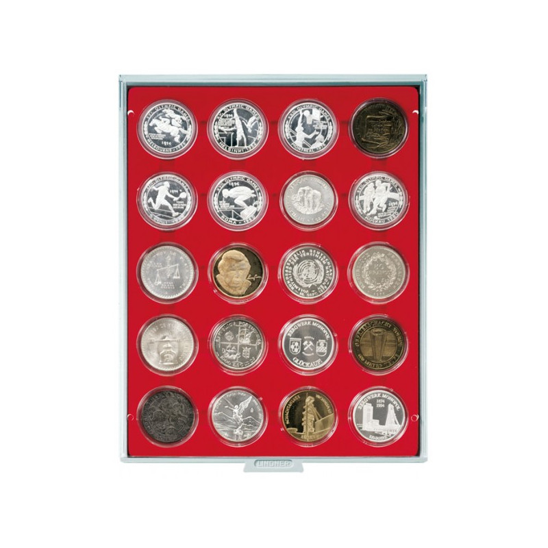 Plateau velours rouge vif à  20 alvéoles ronds  pour capsules Ø ext. 48 mm