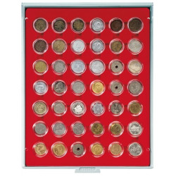 Plateau velours rouge vif à  42 alvéoles ronds pour capsules Ø ext. 29,5 mm