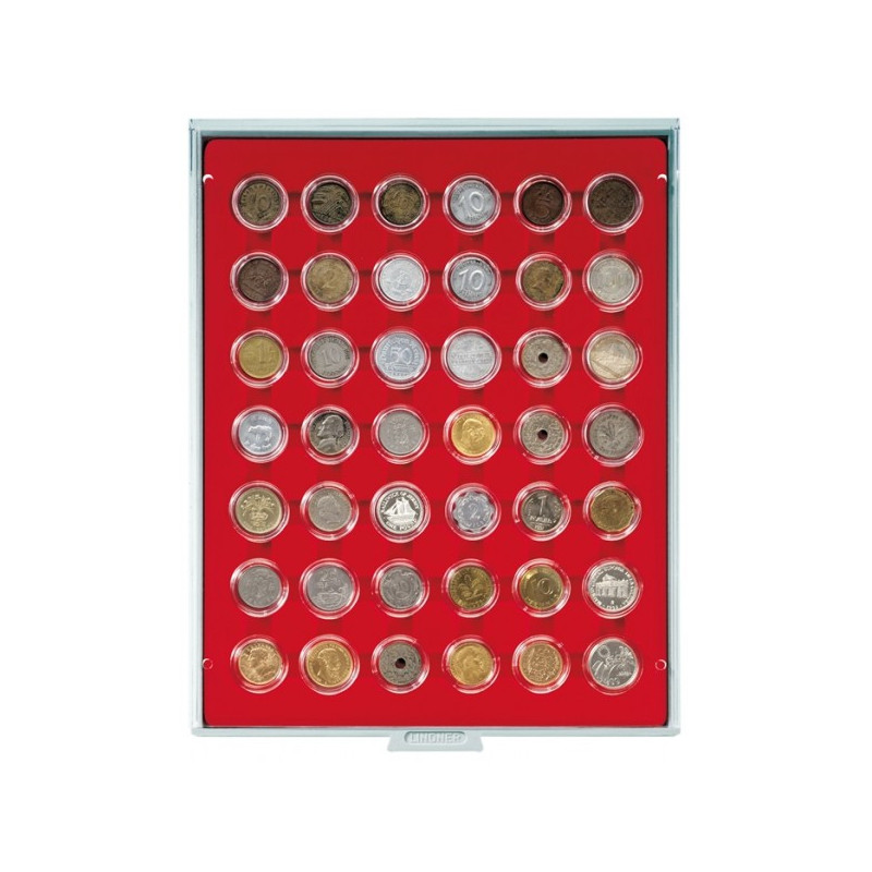 Plateau velours rouge vif à  42 alvéoles ronds pour capsules Ø ext. 29,5 mm