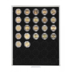 Plateau velours noir à  35 alvéoles ronds pour capsules Ø ext. 32 mm, par ex. pour 2 Euro sous capsules LINDNER