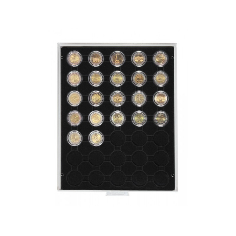 Plateau velours noir à  35 alvéoles ronds pour capsules Ø ext. 32 mm, par ex. pour 2 Euro sous capsules LINDNER