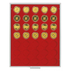 Plateau velours rouge vif à  35 alvéoles ronds pour capsules Ø ext. 34 mm, par ex. pour monnaies 5 Euro Allemagne sous capsul