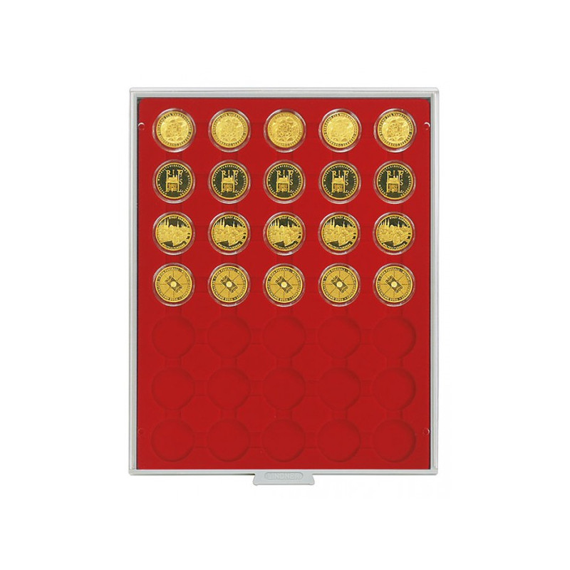 Plateau velours rouge vif à  35 alvéoles ronds pour capsules Ø ext. 34 mm, par ex. pour monnaies 5 Euro Allemagne sous capsul