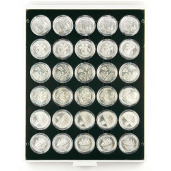 Plateau velours noir à  30 alvéoles ronds pour capsules Ø ext. 37,5 mm, par ex. pour 20 Euro-/10 Euro Argent Allemagne BE sou