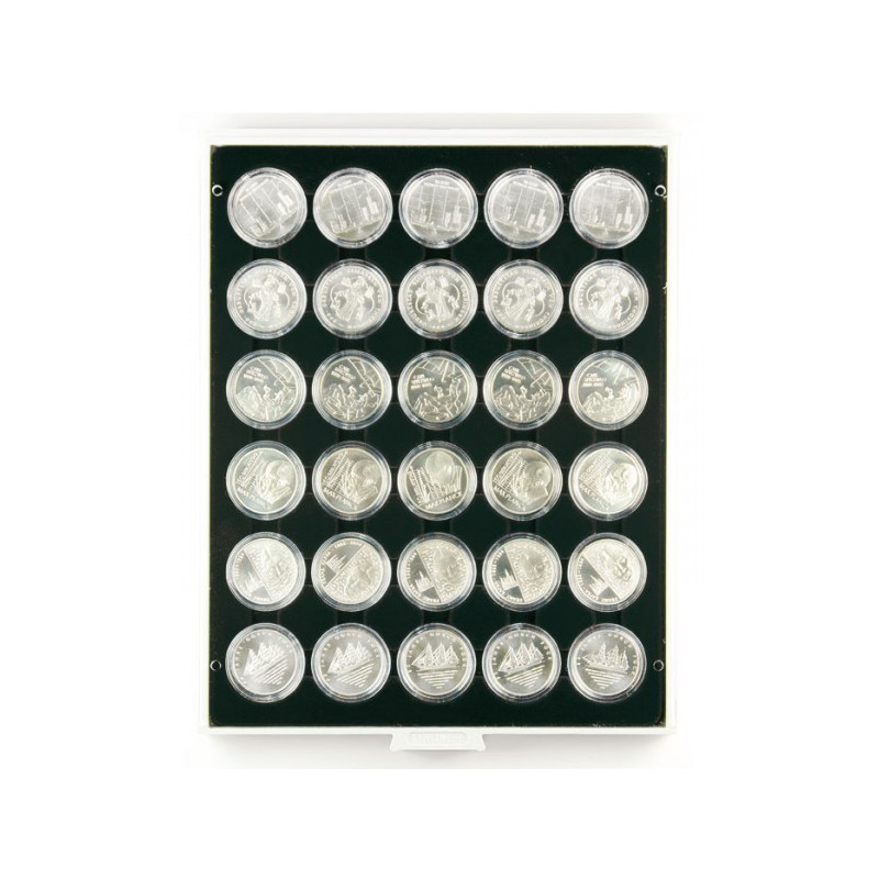 Plateau velours noir à  30 alvéoles ronds pour capsules Ø ext. 37,5 mm, par ex. pour 20 Euro-/10 Euro Argent Allemagne BE sou