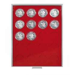 Plateau velours rouge vif à  20 alvéoles ronds pour capsules Ø ext. 44 mm
