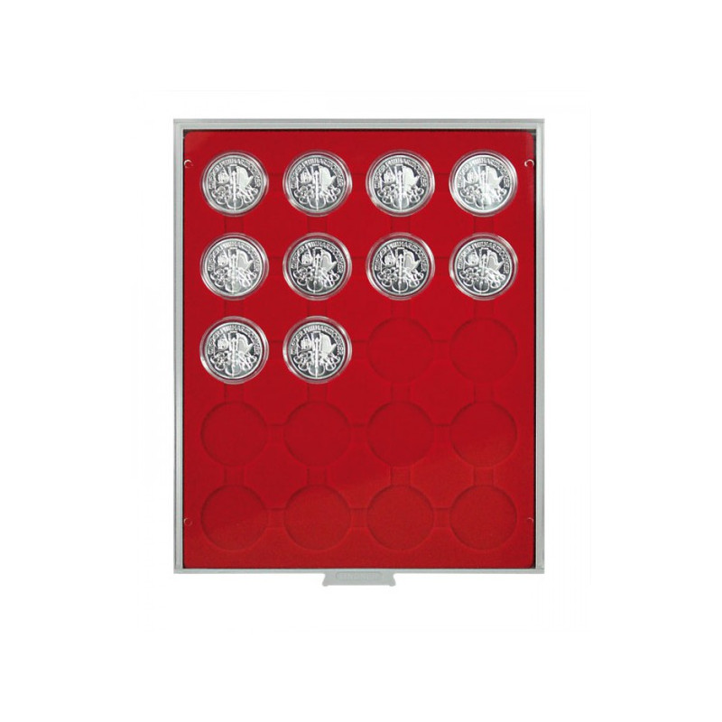 Plateau velours rouge vif à  20 alvéoles ronds pour capsules Ø ext. 44 mm