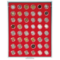 Plateau velours rouge vif à  48 alvéoles ronds pour monnaies Ø 26 mm