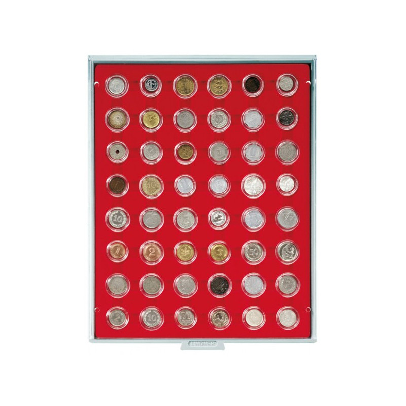 Plateau velours rouge vif à  48 alvéoles ronds pour monnaies Ø 26 mm