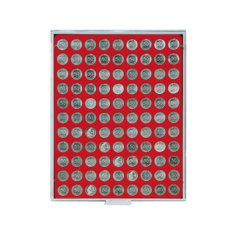 Plateau velours rouge vif à  99 alvéoles ronds pour monnaies Ø 20 mm