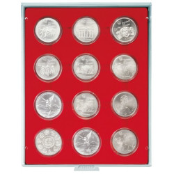 Plateau velours rouge vif à  12 alvéoles ronds pour capsules Ø ext. 54 mm