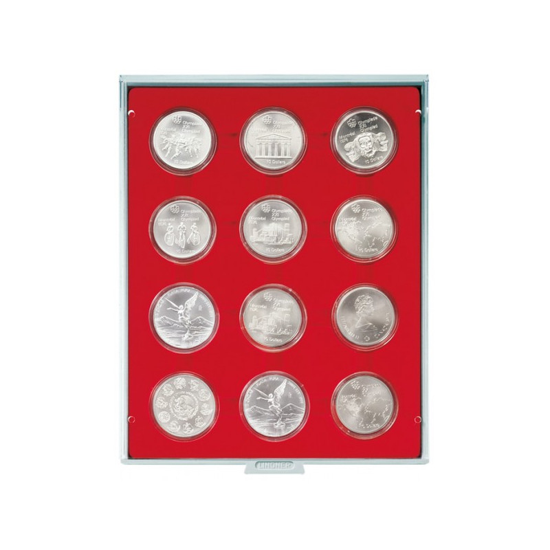 Plateau velours rouge vif à  12 alvéoles ronds pour capsules Ø ext. 54 mm