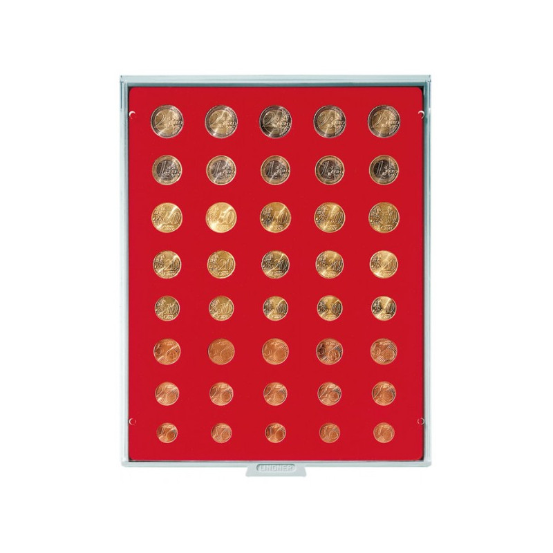 Plateau velours rouge vif pour 5 séries de pièces Euro courantes