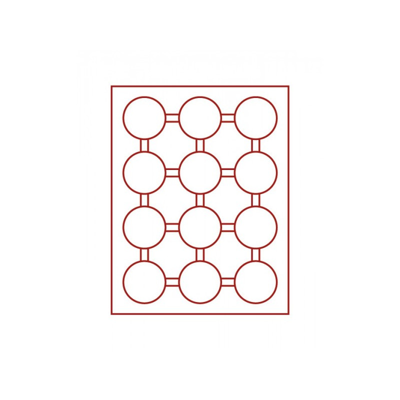 Plateau velours rouge foncé à  12 alvéoles ronds pour capsules Ø ext. 58 mm et pour grandes capsules LINDNER avec cercles de