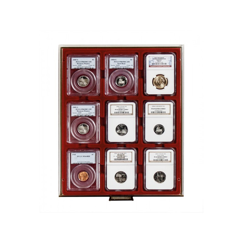 Plateau velours rouge foncé pour 9 Capsules-US (Slabs) jusqu'au format 63x85 mm