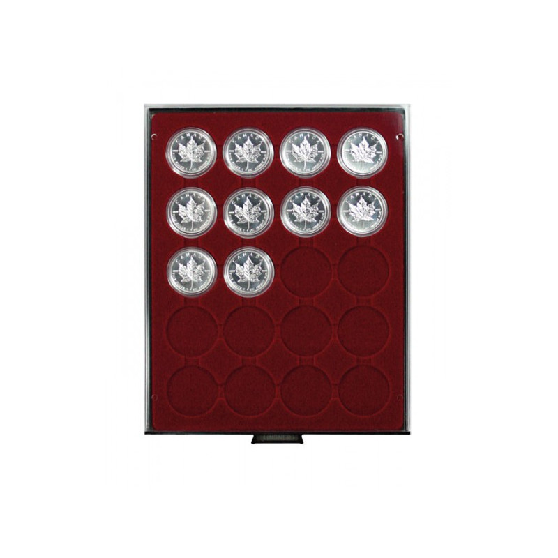 Plateau velours rouge foncé à  20 alvéoles ronds pour capsules Ø ext. 46 mm et petites capsules box monnaies LINDNER  avec ce