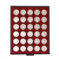 Plateau velours rouge foncé à  30 alvéoles ronds pour capsules Ø ext. 39,5 mm, par ex. pour 20 Euro-/10 Euro-Argent Allemagne