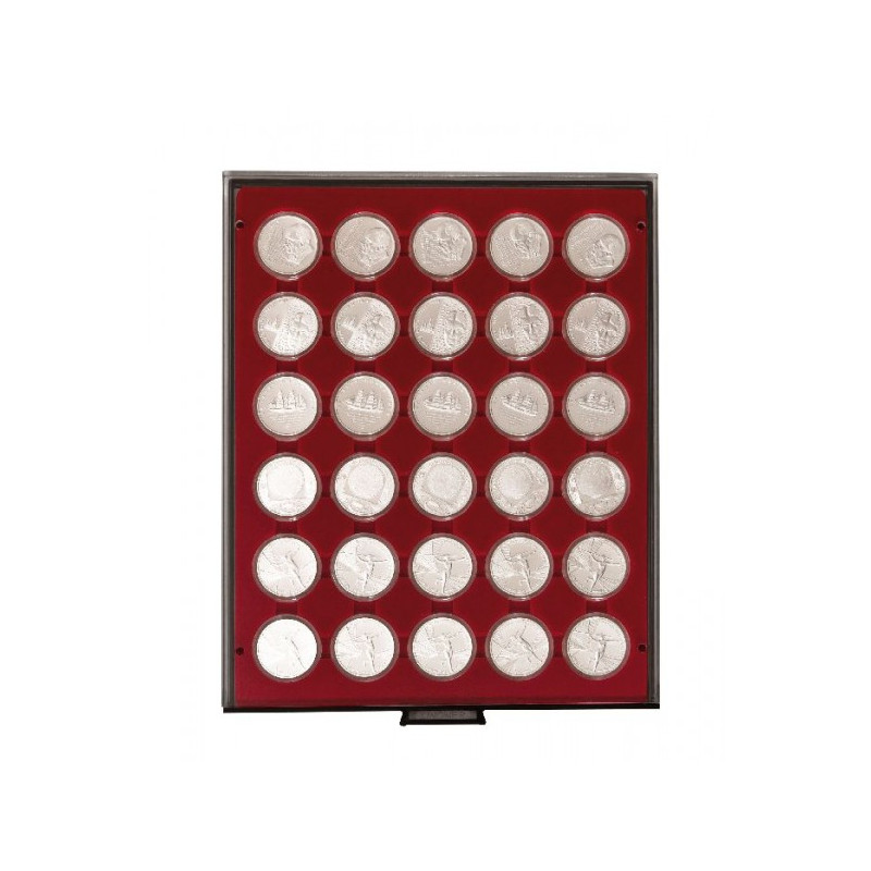 Plateau velours rouge foncé à  30 alvéoles ronds pour capsules Ø ext. 39,5 mm, par ex. pour 20 Euro-/10 Euro-Argent Allemagne